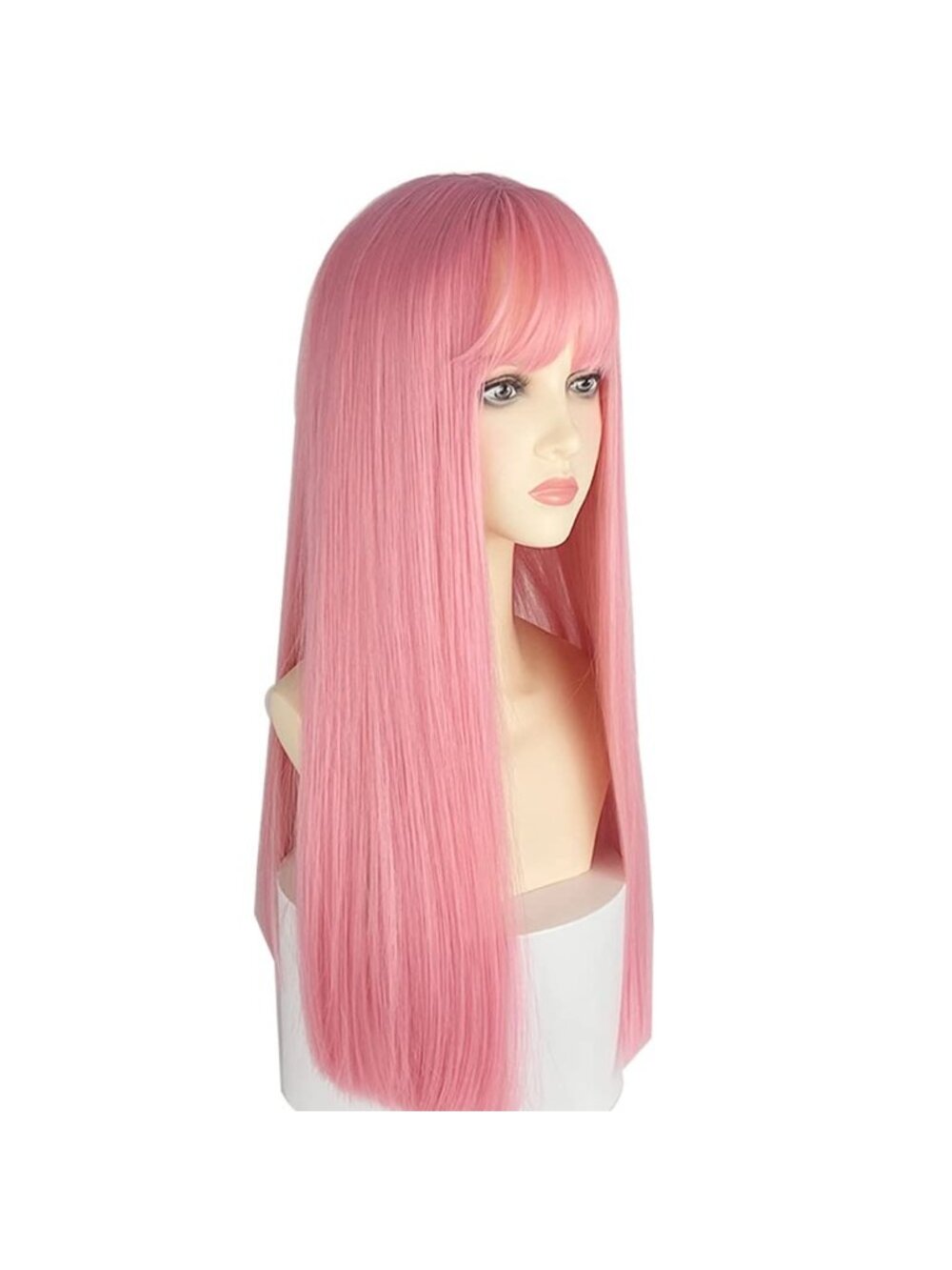Women's Light Pink Heat Resistant Synthetic Fiber Long Straight Wigs Bangs
